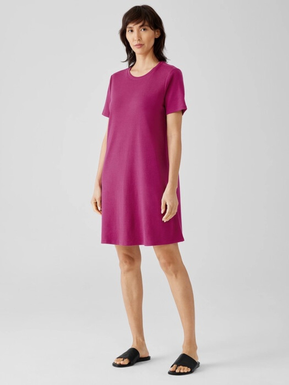 Eileen Fisher Organic Cotton Interlock Crew Neck Shirt Dress Womens XS Magenta